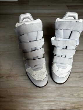 Isabel Marant High-Top Wedge Sneakers in Light Gray and Cream